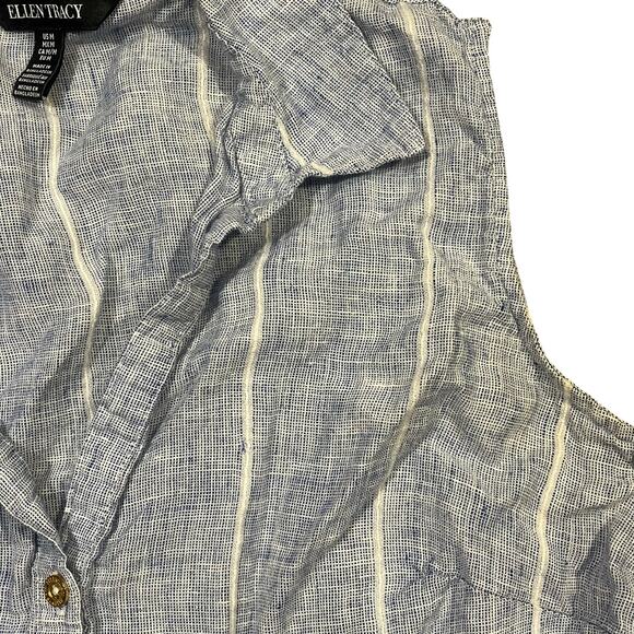Ellen Tracy Top Size M Blue White Stripe 100% Linen Button Down Sleeveless Tank‎ - Picture 1 of 8